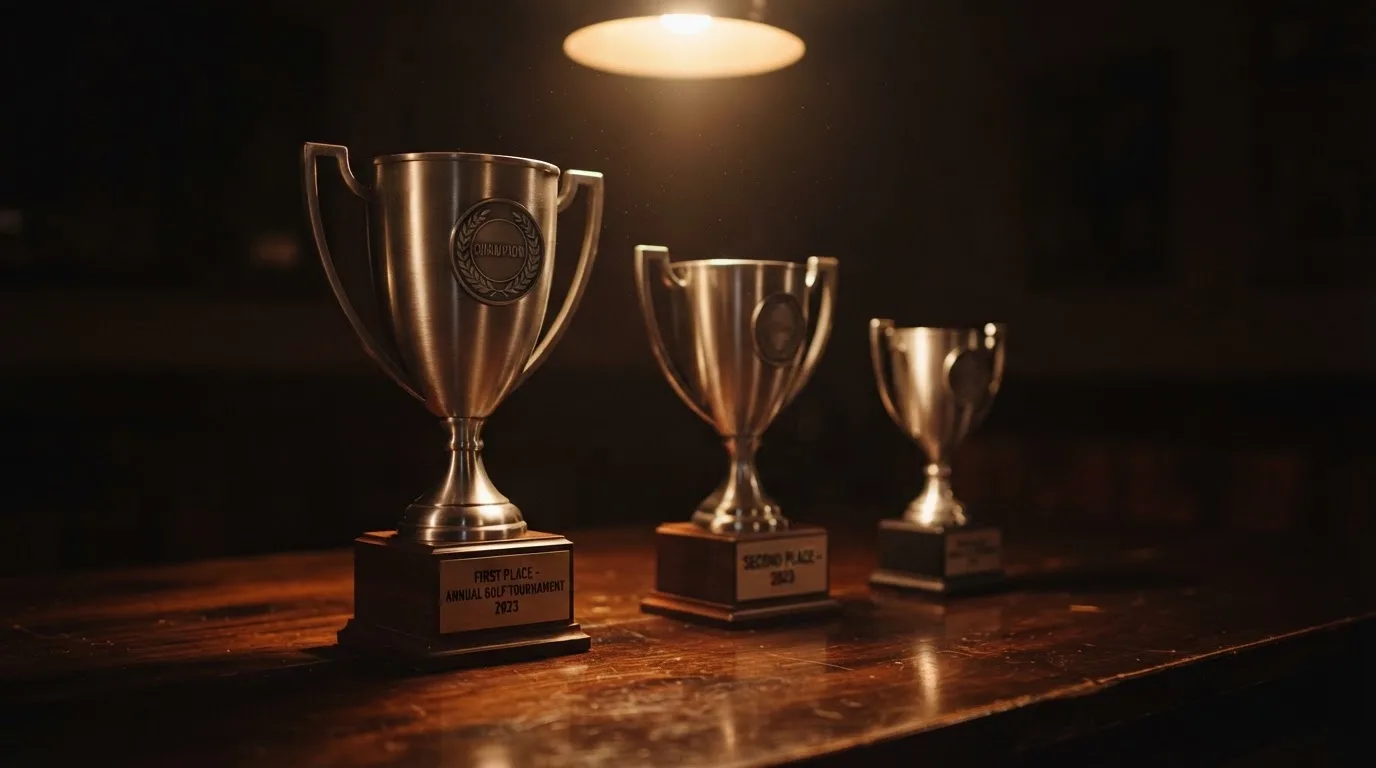 Trei trofee metalice de mărimi diferite așezate în ordine pe o masă de lemn, sub un spot cald, pe fundal întunecat.